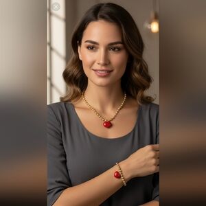 Gold and Red Beaded Necklace and Bracelet Set.